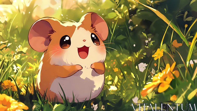 Anthropomorphic hamster in sunlit meadow environment.