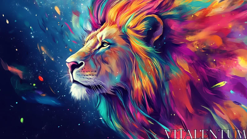 Majestic neon lion emerges in a cosmic burst of color