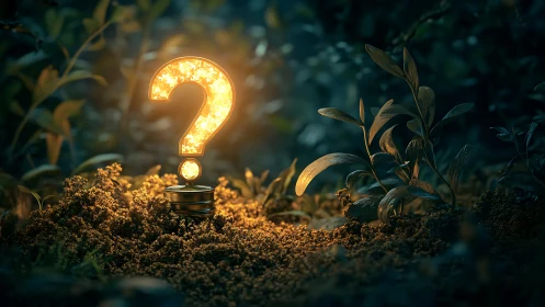 Illuminated question mark lamp in dense nighttime foliage.