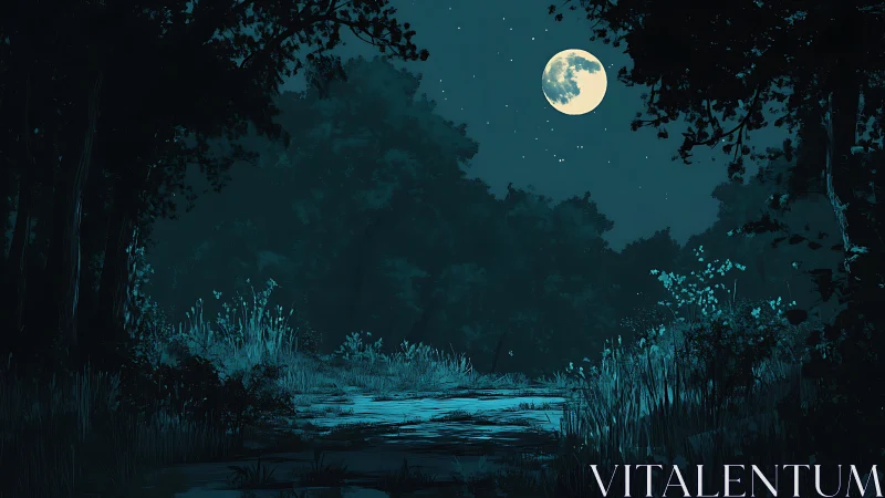 Moonlit Forest Clearing with Luminescent Waters and Ancient Trees.