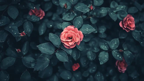 Crimson Roses Dance Through Twilight's Dewy Garden Sanctuary.