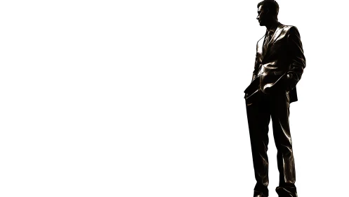 Silhouetted male figure in suit on isolated white background.