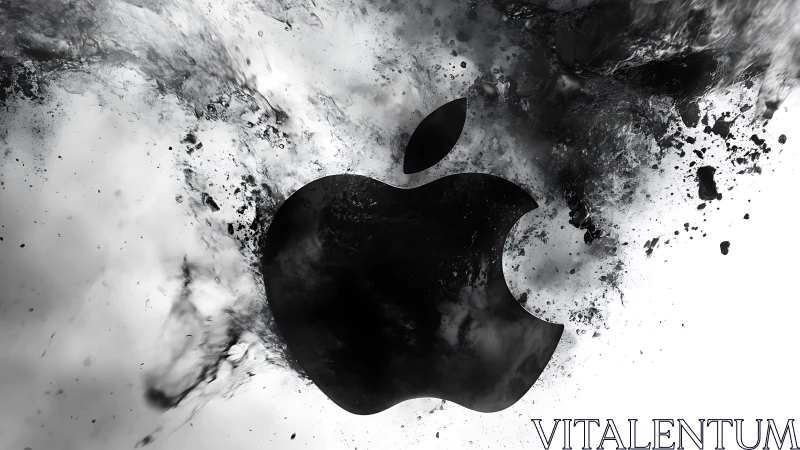 Black apple emblem in explosive monochrome ink burst.