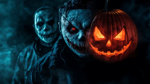 Cinematic horror portrait with Jack-o&rsquo;-Lantern illumination.