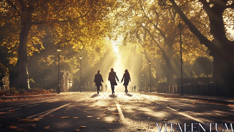 Backlit pedestrians crossing autumn avenue under dense tree canopy