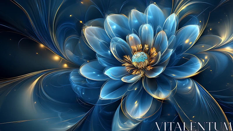 Fractal blue flower with luminous petals on dark background.
