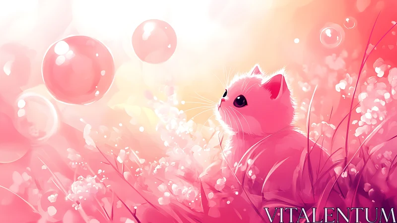 Pink Cat Contemplating Floating Bubbles Among Flowers.
