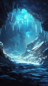 Luminescent subglacial cavern with crystalline icicle vault