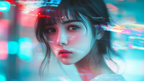 Digital portrait shows young woman in neon cyberpunk light