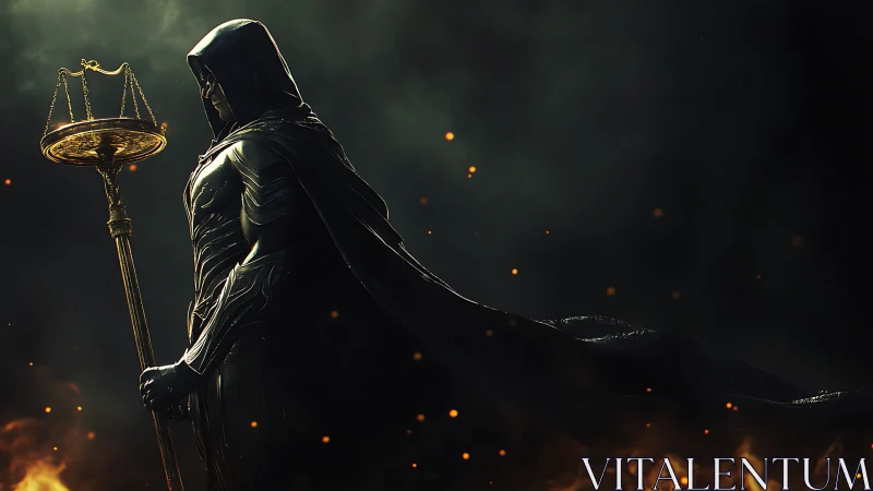 Hooded armored figure carries burning scales through darkness
