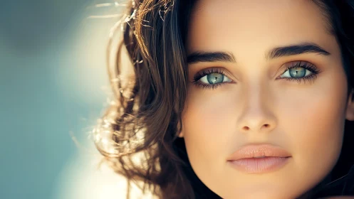 Serene close-up portrait highlights luminous green eyes and poise.