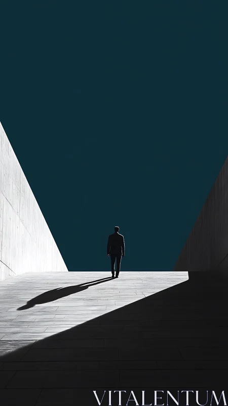 Solitary figure walks through angular architectural passage