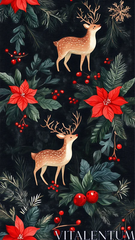 Gentle winter deer among bright poinsettias and berries.