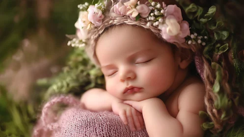 Sleeping Newborn in Floral Crown with Soft Textile Backdrop.