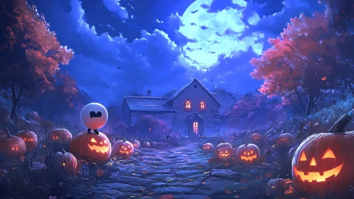 Moonlit pumpkin path leading to a cozy Halloween cottage.