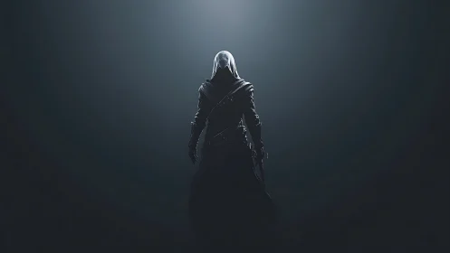 Hooded figure stands alone in dramatic backlighting