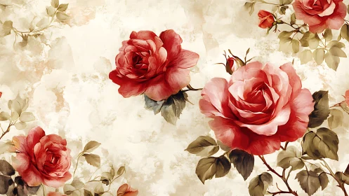 Vintage Red Roses on Distressed Cream Background