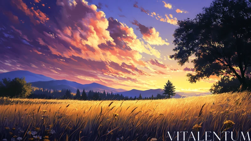 Golden field stretches toward distant mountains at sunset