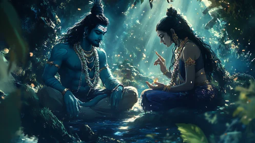 Forest-lit divine lovers sharing secrets by sacred stream.