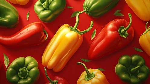 Bell peppers parade boldly across a sizzling scarlet stage