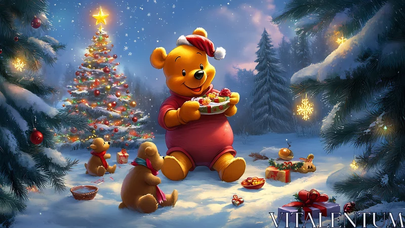 Festive cartoon bears sharing Christmas treats in snowy forest