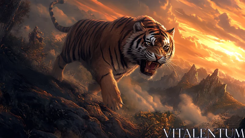 Roaring tiger strides through fiery sunset mountain landscape.