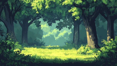 Sunlit Forest Clearing with Towering Oaks and Verdant Canopy.