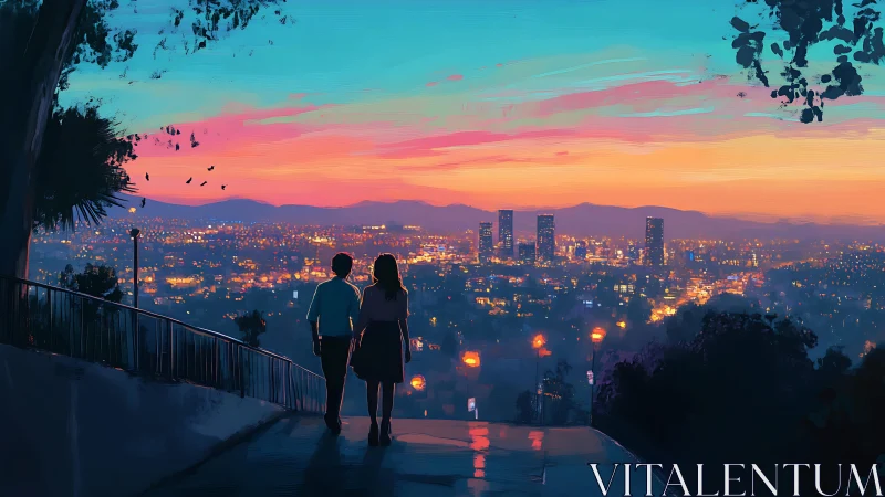 Sunset city lights stroll for two in soft painted glow.
