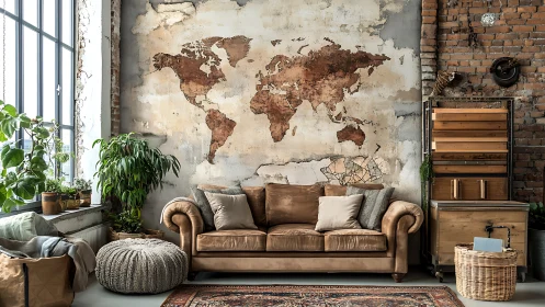 Industrial loft living room with rustic world map mural wall.