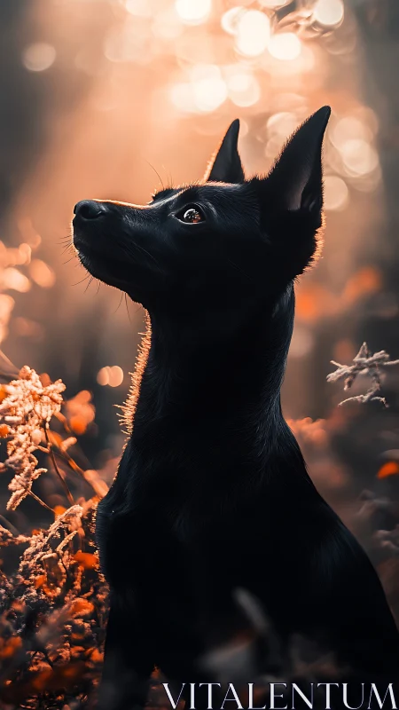 Gentle black dog sits in glowing autumn forest light
