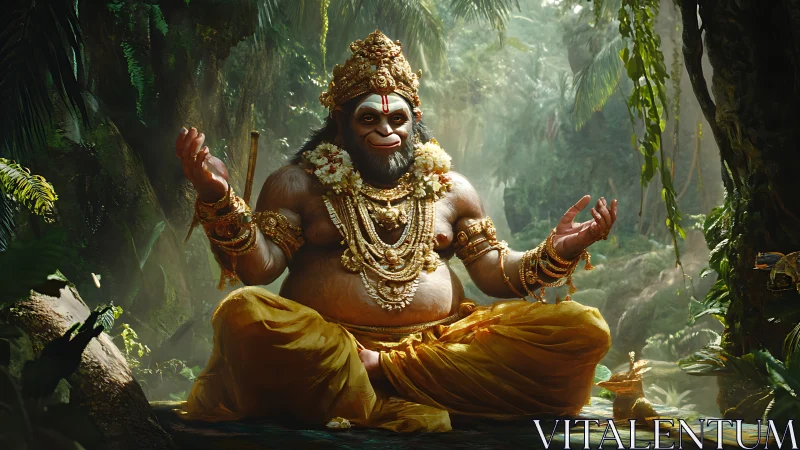Mythic simian guru in gold regalia meditating in rainforest