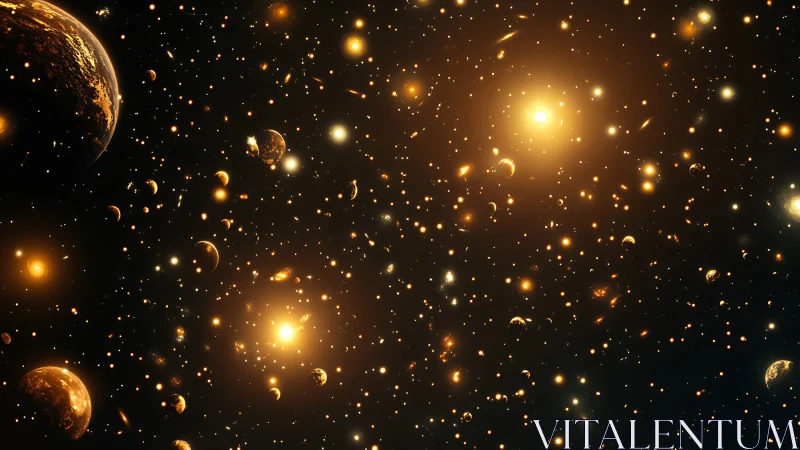 Golden-hued cosmic field shows dense planets and bright stars