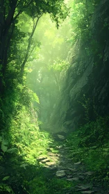 Forested canyon passage with rocky walls and canopy openings.