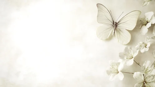 White butterfly on pale blossoms with soft empty space.