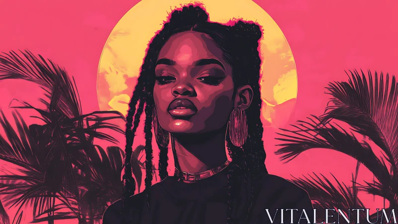 Bold digital portrait under neon sun with tropical palms.
