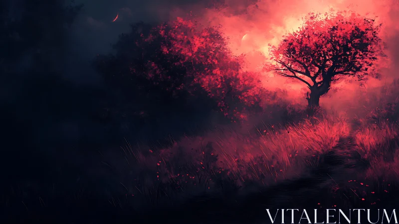 Enchanted crimson tree glows against a deep twilight sky.