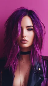 Neon siren with magenta hair and midnight leather gaze.