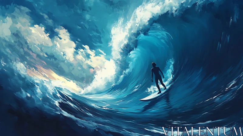 Solitary surfer rides a towering wave beneath glowing skies