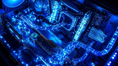 Liquid-cooled gaming PC interior with neon blue tubing glow.