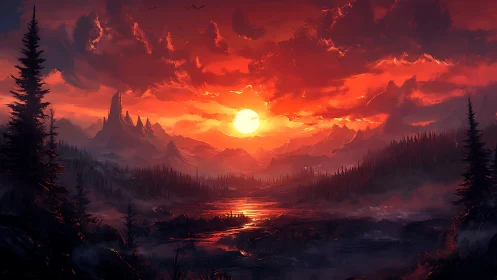 Fiery mountain sunset illuminates misty river valley