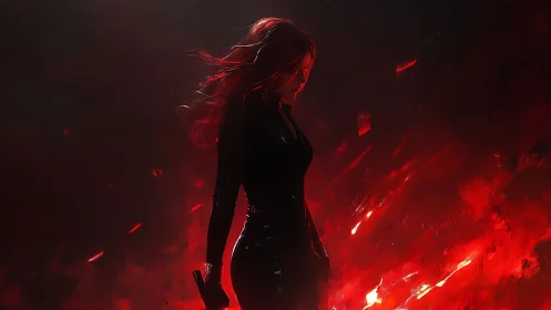 Silhouetted agent in red embers, side-lit tactical stance