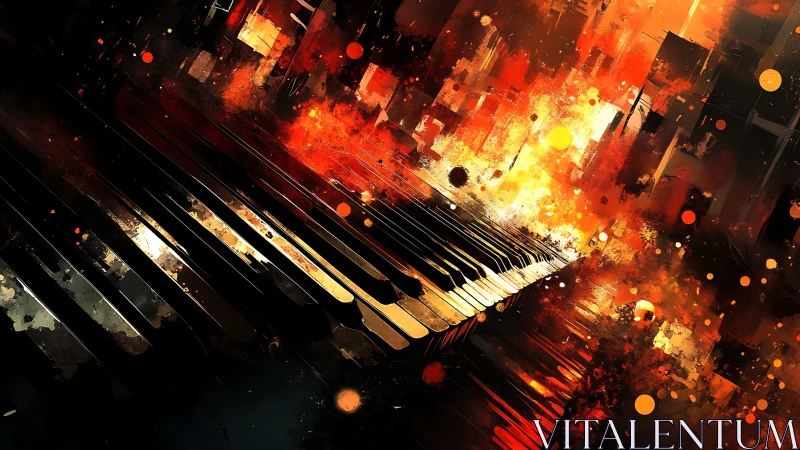 Glowing piano keys drifting through a city of swirling fire.