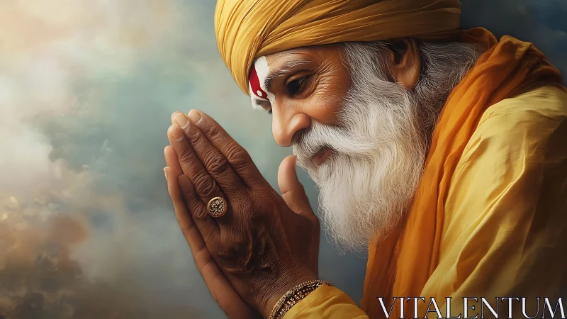 Elderly man in yellow turban holds hands in prayerful pose