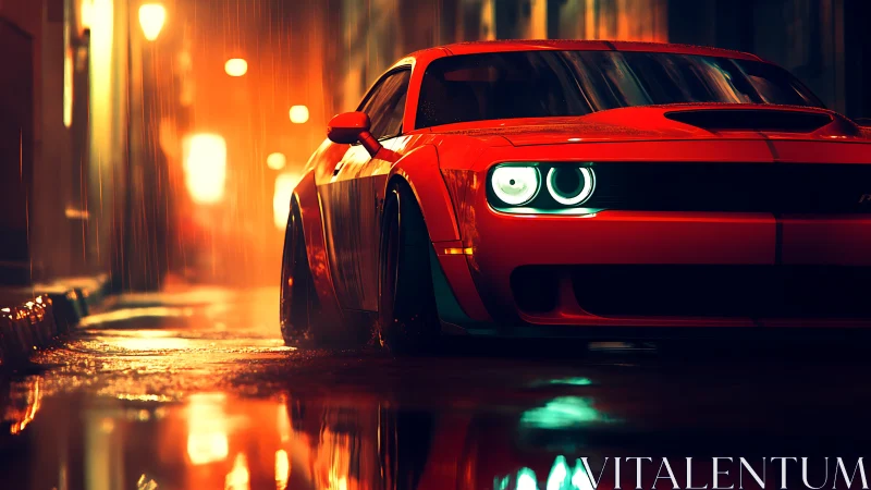 Widebody red muscle car in neon‑lit rainy alley at night