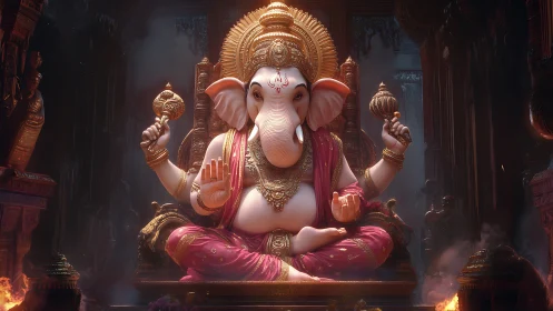 Regal Ganesha idol glowing within ornate temple interior.