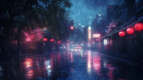 Lantern lit city street glowing softly in midnight rain.