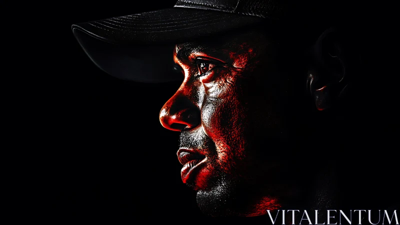 Low-key profile portrait with red rim lighting and cap.