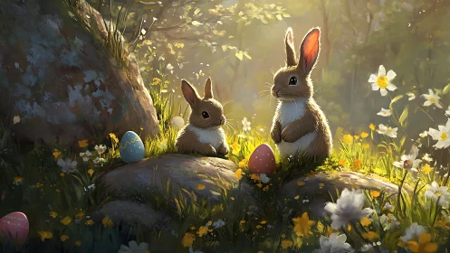 Illuminated woodland rabbits with decorative eggs in spring light.
