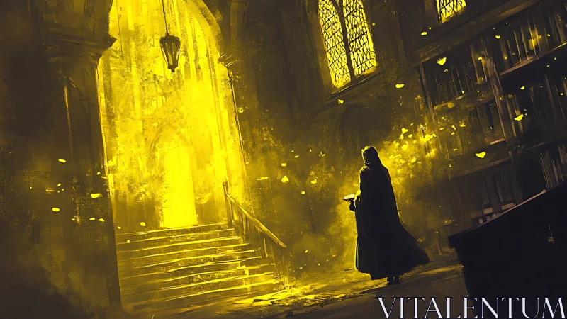 Golden stairwell swallows the cloaked reader in quiet flame