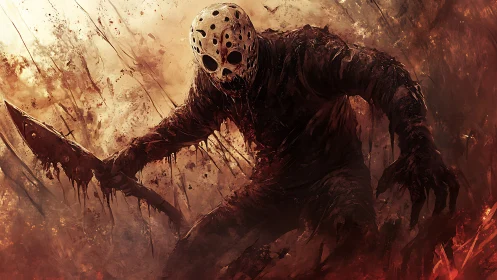 Masked humanoid figure with blade in chaotic painted scene.